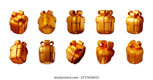 Conjunto de design caixa de presente dourado com arco de fita festivo. Ilustração vetor 3D minimalista para o presente de férias, celebração, venda e conceito surpresa.