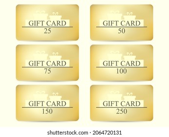 Set of golden gift cards with gift box. Design template for gift and discount card, marketing products. Cards in denominations: 25, 50, 75, 100, 150, 250. Vector illustration