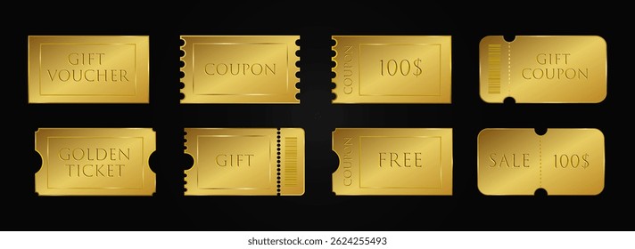 A set of golden gift coupons.  Templates and discount banners. A label for discounts in the store, online promotions. Invitation to a party, cinema, concert, event, festival