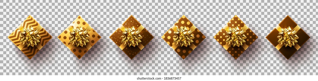 Set of golden gifts box.Colorful wrapped gift boxes on transparent background for Merry Christmas and Happy New Years.Vector illustration EPS10