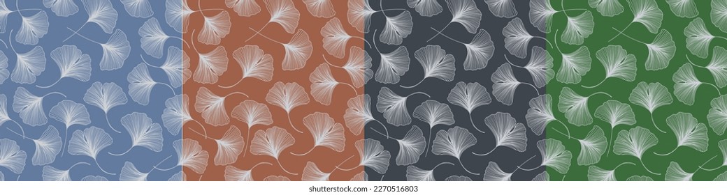 SET OF Golden Ginkgo leaves background. Luxury Floral art deco. Gold natural pattern design. Seamless Pattern with Gold lines Ginkgo Tree Leaves on black background. Sketch vector illustration.