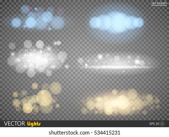 Set golden glitter bokeh lights and sparkles. Shining star, sun particles and sparks with lens flare effect on transparent background