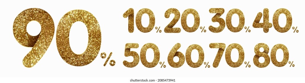 Set of golden glitter discount numbers 90, 80, 70, 60, 50, 40, 30, 20 and 10 percent for sale and discount offers. Isolated on white background 