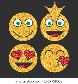 Set of golden glitter emoji icon on black background. Emoticons sticker with kiss and smile. Luxury emoji collection for social media, blog or chat. Isolated vector illustration 