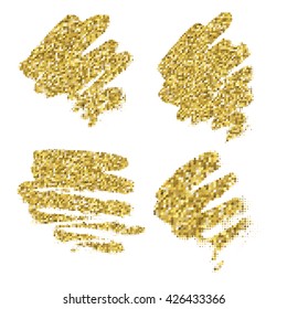 Set of golden glitter spots with halftone effect. Golden sparkling brush strokes isolated on white background.
