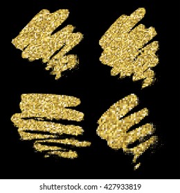 Set of golden glitter spots with halftone effect. Golden sparkling brush strokes on black background.