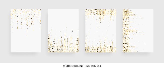 Set of golden glitter textures isolated on white background. Confetti particles sparkle.