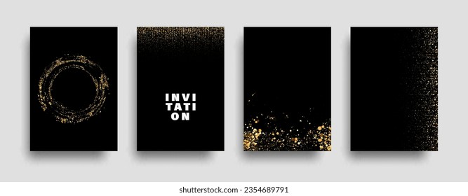 Set of golden glitter textures isolated on black background. Abstract glitter golden confetti.