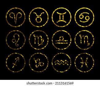 Set of golden glitter zodiac signs. Astrology symbols in the circle on dark background	