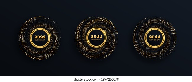 Set of golden glittering frames with luxurious glowing dots. Festive circle for graphic design.