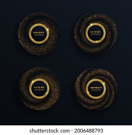 Set of golden glittering frames with luxurious glowing dots. Festive circle for graphic design.