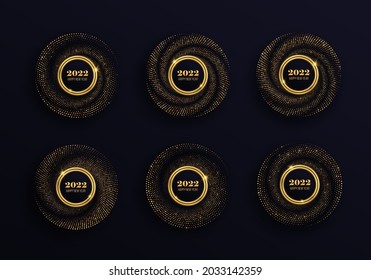 Set of golden glittering frames with luxurious glowing dots. Festive circle for graphic design.