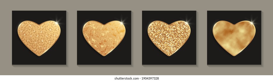 Set of golden glittering hearts for st valentine's day on a black background.