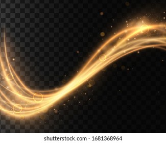 Set of golden, glittering magic vector waves with gold particles isolated on transparent background.  Sparkling light trails. Futuristic Flash. Glowing shiny spiral lines effect.