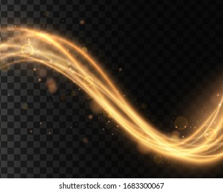 Set Of Golden, Glittering Magic Vector Waves With Gold Particles Isolated On Transparent Background.  Sparkling Light Trails. Futuristic Flash. Glowing Shiny Spiral Lines Effect.