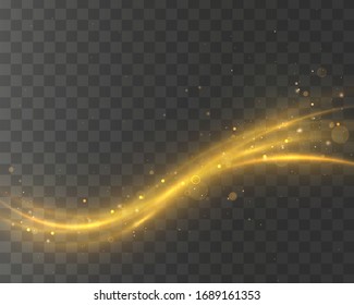 Set of golden, glittering magic vector waves with gold particles isolated on transparent background.  Sparkling light trails. Futuristic Flash. Glowing shiny spiral lines effect.