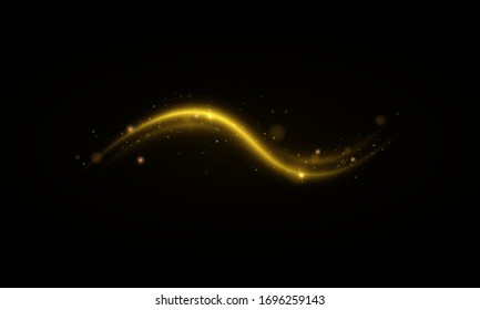Set of golden, glittering magic vector waves with gold particles isolated on transparent background.  Sparkling light trails. Futuristic Flash. Glowing shiny spiral lines effect.