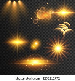 set of golden glitters lights and sparkles with lens effect on transparent background