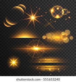 set of golden glitters lights and sparkles with lens effect on transparent background