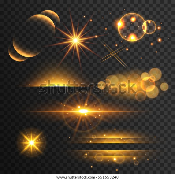set of golden glitters lights and\
sparkles with lens effect on transparent\
background
