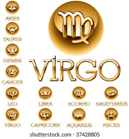 Set of a golden glossy zodiac symbols