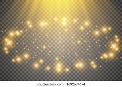 Set of golden glowing effects lights isolated on transparent background. A flash of sunshine with rays and spotlight. Glow effect. The star burst with brilliance.
