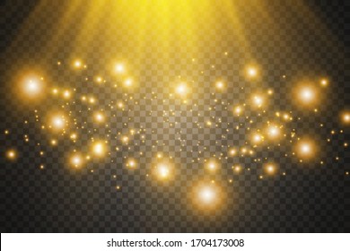 Reihe von goldenen Lichtern mit leuchtenden Effekten einzeln auf transparentem Hintergrund. Ein Sonnenschein mit Strahlen und Rampenlicht. Glüheffekt. Der Stern platzte vor Glanz.