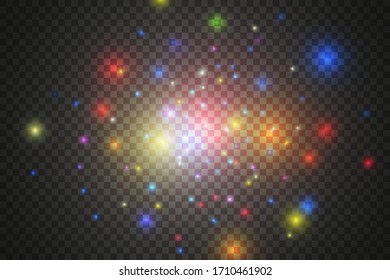 
Conjunto de luces de colores dorados aisladas sobre fondo transparente. Un destello de sol con rayos y focos. Efecto brillante. La estrella estalló de alegría.