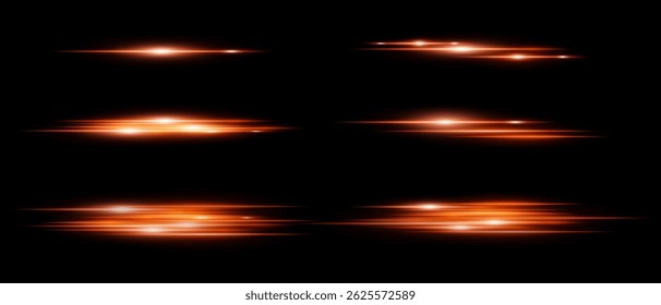 Conjunto de rayas de luz Horizontal brillante dorada con efecto de desenfoque de movimiento sobre fondo negro. Perfecto para iluminaciones, superposiciones o transiciones dinámicas en el diseño. Ilustración vectorial.