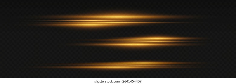 Set of golden glowing laser light lines. On a transparent background.