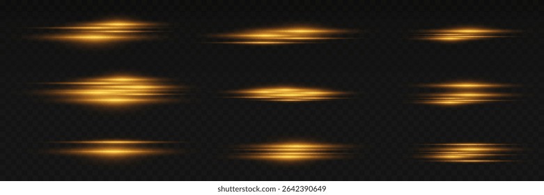Set of golden glowing laser light lines. On a transparent background.