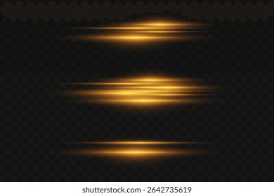 Conjunto de linhas de luz laser brilhantes douradas. Em um fundo transparente.