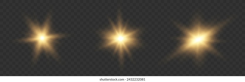 set of golden glowing light effects isolated on a transparent background. Sun flashes with rays and spotlight, creating a glowing light effect. Starburst with glitter effect.