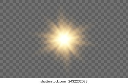 set of golden glowing light effects isolated on a transparent background. Sun flashes with rays and spotlight, creating a glowing light effect. Starburst with glitter effect.