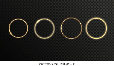 Set of golden, glowing light rings, halo effect. Vector different shining circles with glare isolated on transparent backdrop