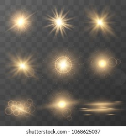 Set of golden glowing lights effects isolated on transparent background. Glow light effect. Star burst with sparkles. lens flare.Sun rays.