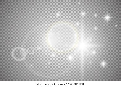 Set of golden glowing lights effects isolated on transparent background. Sun flash with rays and spotlight. Glow light effect. Star burst with sparkles.