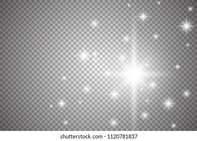 Set of golden glowing lights effects isolated on transparent background. Sun flash with rays and spotlight. Glow light effect. Star burst with sparkles.