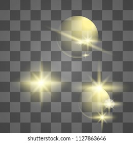 Set of golden glowing lights effects isolated on transparent background. Vector illustration 