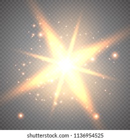 Set of golden glowing lights effects isolated on transparent background. Sun flash with rays and spotlight. Glow light effect. Star burst with sparkles.