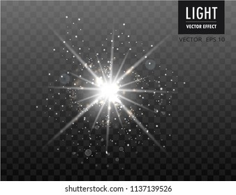 Set of golden glowing lights effects isolated on transparent background. Sun flash with rays and spotlight. Glow light effect. Star burst with sparkles.