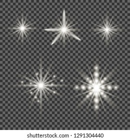 Set of golden glowing lights effects isolated on transparent background. Sun flash with rays and spotlight. Glow light effect. Star burst with sparkles. 