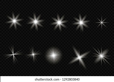 Set of golden glowing lights effects isolated on transparent background. Sun flash with rays and spotlight. Glow light effect. Star burst with sparkles. 