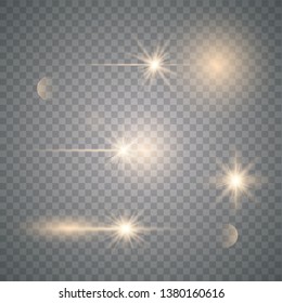 Set of golden glowing lights effects isolated on transparent background. Sun flash with rays and spotlight. Glow light effect. Star burst with sparkles. Vector illustration eps10.