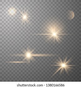 Set of golden glowing lights effects isolated on transparent background. Sun flash with rays and spotlight. Glow light effect. Star burst with sparkles. Vector illustration eps10.