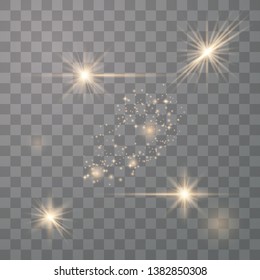 Set of golden glowing lights effects isolated on transparent background. Sun flash with rays and spotlight. Glow light effect. Star burst with sparkles. Vector illustration eps10.