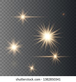 Set of golden glowing lights effects isolated on transparent background. Sun flash with rays and spotlight. Glow light effect. Star burst with sparkles. Vector illustration eps10.