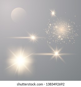 Set of golden glowing lights effects isolated on transparent background. Sun flash with rays and spotlight. Glow light effect. Star burst with sparkles. Vector illustration eps10.
