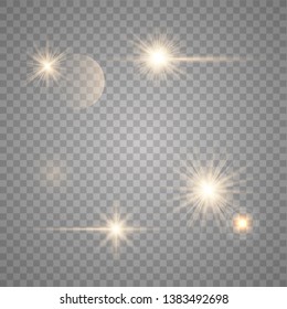 Set of golden glowing lights effects isolated on transparent background. Sun flash with rays and spotlight. Glow light effect. Star burst with sparkles. Vector illustration eps10.