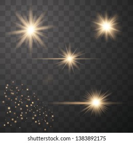 Set of golden glowing lights effects isolated on transparent background. Sun flash with rays and spotlight. Glow light effect. Star burst with sparkles. Vector illustration eps10.
